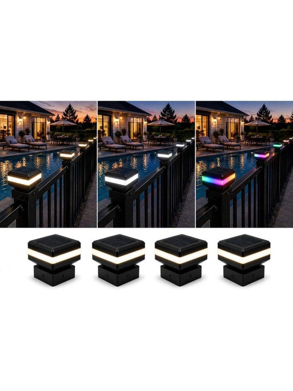 4 Pack Solar Post Cap Lights - 2x2 Inch for Fences, Warm White & RGB Color Modes